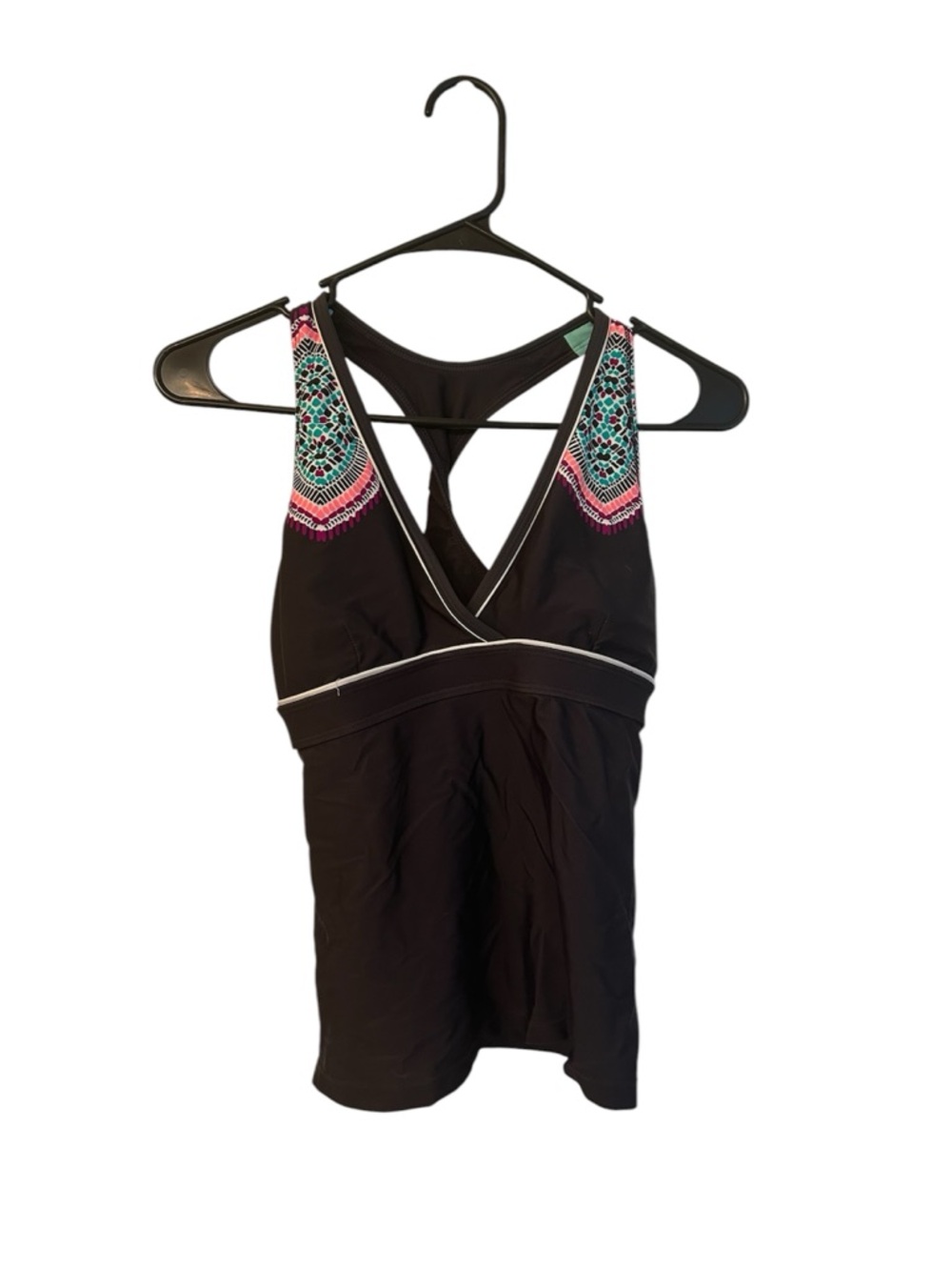 Athleta Black Swim Tankini Top with Pink and Teal embroidery small twist back